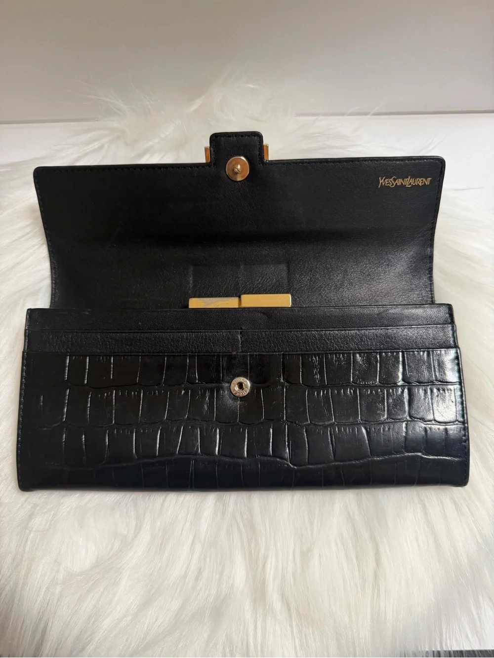 Yves Saint Laurent black crocodile leather long wallet